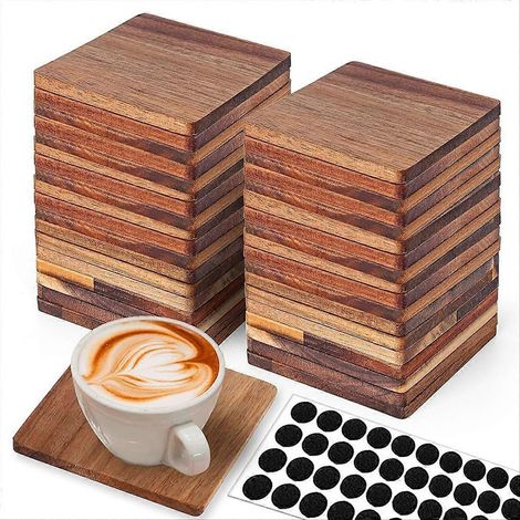 36 sous-verres en bois brut, carrés de 10 cm - Sous-verres en bois pour loisirs créatifs avec picots antidérapants en silicone (1/5)