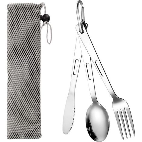 Juego de cubiertos de 3 piezas, Juego de cubiertos de acero inoxidable, Cubiertos portátiles para exteriores, Cuchillo, tenedor, etc, Plateado (1/5)