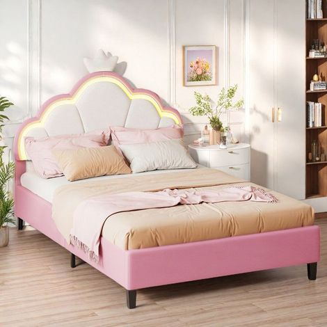Bett Kinder 90x200 cm - Prinzessinnenbett rosa - Verstellbares Kopfteil - LED-Beleuchtung - Lattenrost inklusive