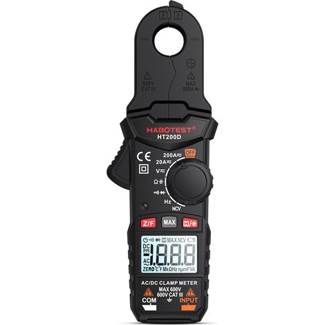 Nannigr Multimètre pinces mini HT200D 2000 counts RMS 600V 200A R/C/fréquence/diode/continu noir sans pile
