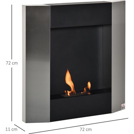 Cheminée murale au bioéthanol avec réservoir de 0,7 L et couverture de 20 m², acier, 72 x 11 x 72 cm, argent et noir (1/5)