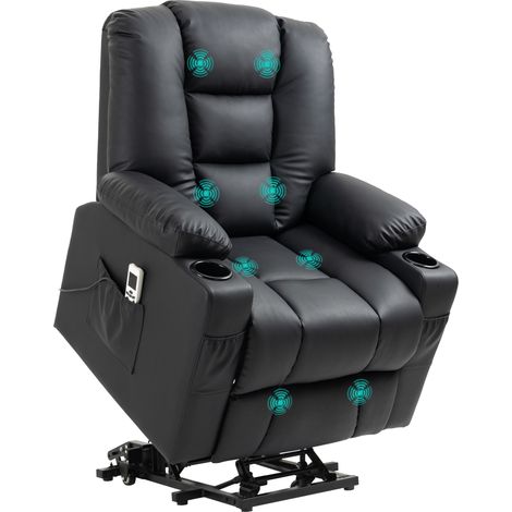 HOMCOM Fernsehsessel mit Aufstehhilfe Elektrisch Relaxsessel mit Massagefunktion, USB, Liegefunktion, Massagesessel mit Fernbedienung, Becherhalter, Seitentasche, zweiteiligen Fußstütze Schwarz (1/5)