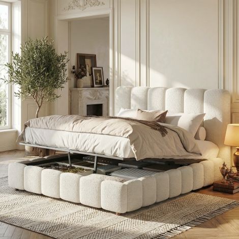 Hydraulic Double Bed with Slatted Frame and Storage,4ft6-135x190cm,White Padded Headboard (1/5)
