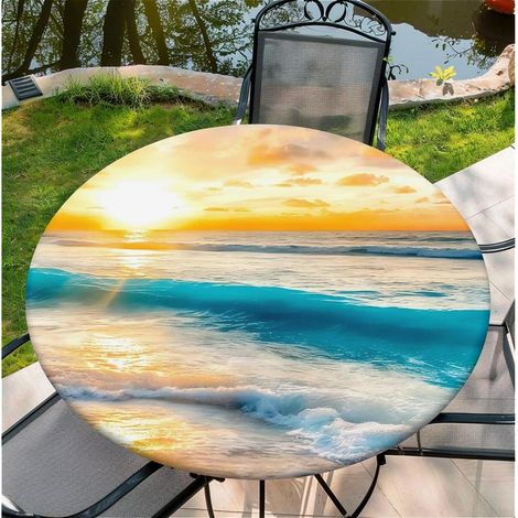 Nappe ronde d'extérieur imperméable avec élastique 90 cm - étanche, lavable, coucher de soleil sur la mer