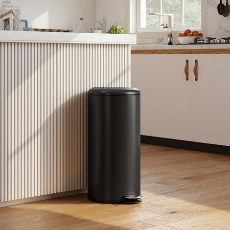 Poubelle à pédale 30L en métal noir, gain de place, couvercle soft-close pour cuisine FloraGrace (1/5)