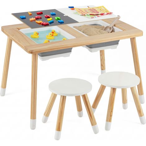Table d activités enfant naturelle en bois avec tableaux noir et blanc, bacs pliables et chaises, pour salle de jeux (1/4)