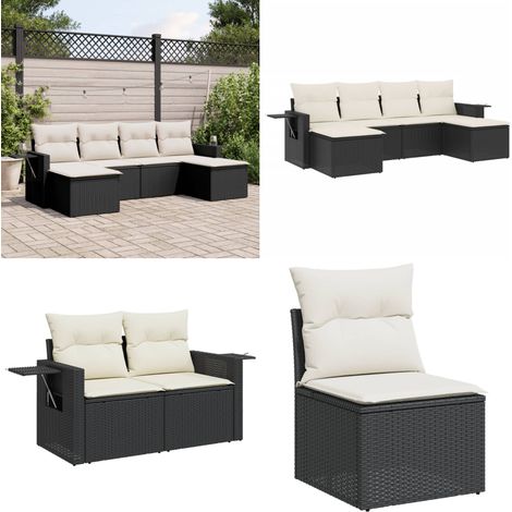 6-tlg. Garten-Sofagarnitur mit Kissen Schwarz Poly Rattan - Gartensorte - Gartenmöbelset - PE-Rattan Möbel - Outdoor Lounge Set - Balkonmöbel - Home & Living (1/5)