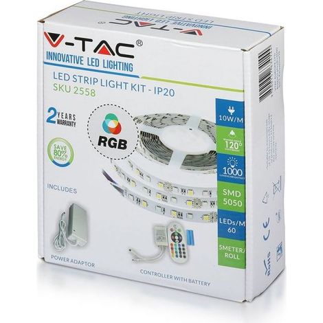 V-Tac – Ruban LED RGB 5m 10W/m IP20 – Avec transformateur 220-240V AC – Flux lumineux 1000 lm/m – Installation sous meuble ou corniche - VT-5050 (1/5)