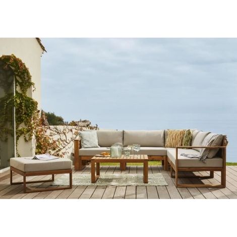 Salon de jardin en bois d'acacia FSC – 7 places – Banquette d'angle et tabouret modulables – Coloris lin élégant – Bocarnea (1/4)