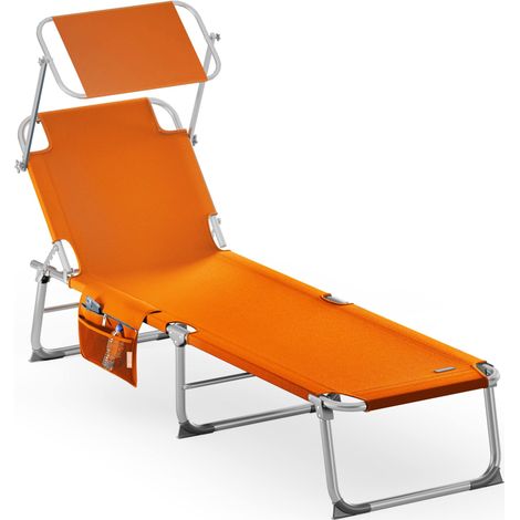 Casaria – Chaise longue pliable avec dossier réglable 4 positions – Pare-soleil intégré – Compacte et transportable – Toile imperméable orange – Aluminium