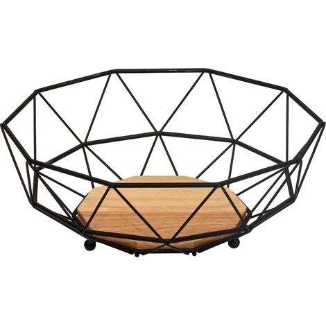 1 Corbeille à Fruits Métal Noir, Socle Bois Bambou, Design Aéré, Cuisine Salon