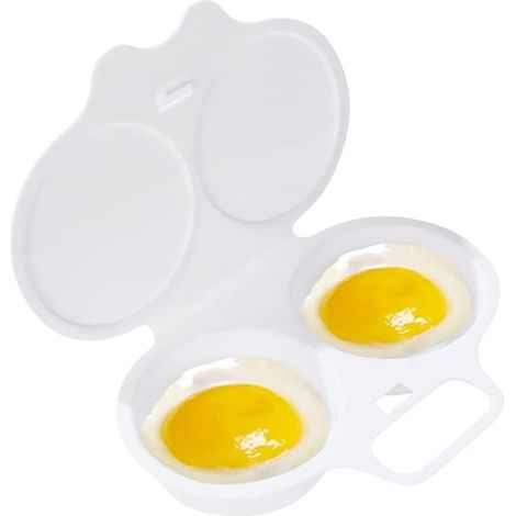 BelleRise - Cuiseur à œufs pochés blanc pour micro-ondes, 2 trous, antiadhésif, avec couvercle, double tasse, ustensile de cuisine (1/5)