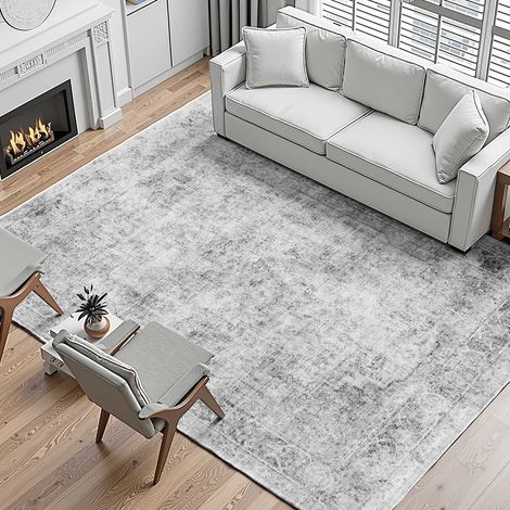 Tapis Salon, 2,7x3,7 m, Grand Tapis Chambre Lavable et Antidérapant, Poils Courts et Denses, Résistant aux Griffures Animaux, Doux Confortable, Style Bohème, pour Chambre, Bureau, Entrée, Gris (1/5)