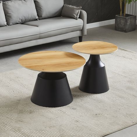 Set tavolini rotondi in ceramica rovere con struttura in metallo nero Dual (1/4)
