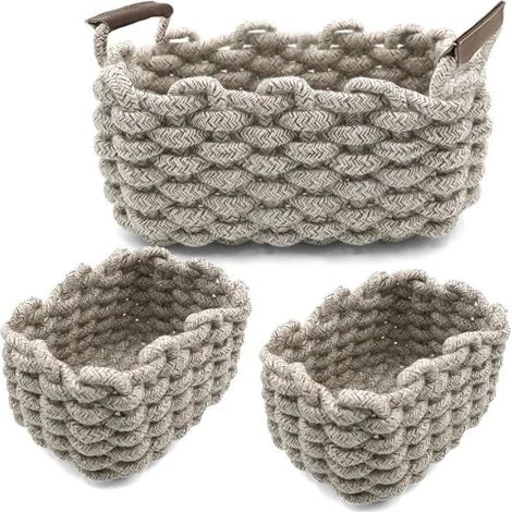 Panier de rangement en corde de coton, lot de 3, gris. Organisateurs rectangulaires naturels et décora - Gris 2 Mixed Sizes (3-Pack) (1/5)