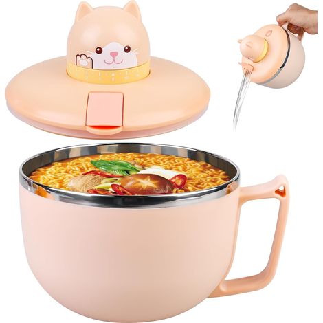 LYERCW - Bol à ramen avec couvercle, grand bol de nouilles instantanées de 1 200 ml avec minuteur, en acier inoxydable 304, bol à pâtes pour nouilles instantanées (chat) (1/4)