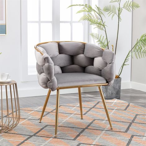 Chaise d'Appoint Luxueuse - 73x56x75cm - Fauteuil de Maquillage Moderne en Velours Tissé avec Pieds en Métal Doré - Gris (1/5)