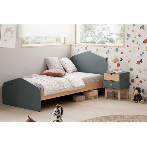 KAINA - Pack Lit 90x190cm + Chevet 2 Tiroirs Coloris Gris et Naturel (1/5)
