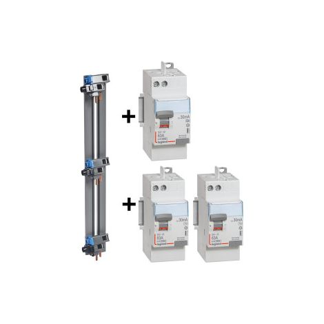 Legrand - LOT de 3 interrupteurs diffu00e9rentiels - DX3 - 2P - 63A - 30mA + peigne 3 rangu00e9es - Ru00e9f. : 411650x2 + 411651 + 405001 (1/5)
