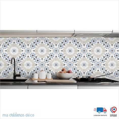 Crédence : Carreaux de ciment fleurs - Couleur Bleu pigeon - Alu composite - 120 - 60 (1/3)