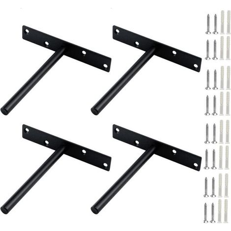 4 ensembles Support Étagère Invisible T Forme Équerres Fixation Murale Robustes pour Meuble Bibliothèque Cuisine Charge Lourde Acier Noir Durable (1/4)