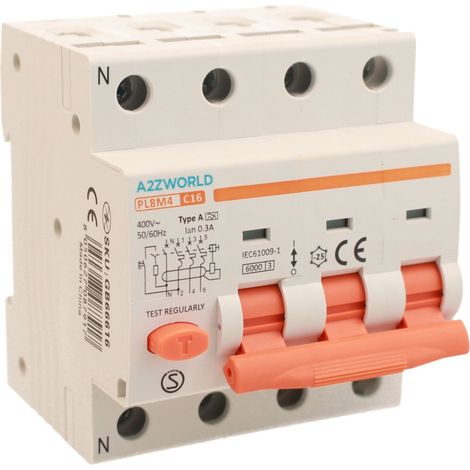RCBO Interruttore Magnetotermico Differenziale Tipo A Curva C 3P+N 4M 6000A 300mA AC 400V IP20 IEC61009-1 PL8M4, Corrente Disponibili 10A 16A 20A 25A 32A 40A (C16A)