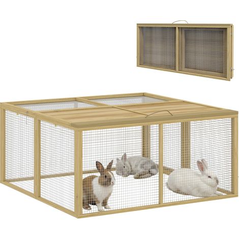 PawHut Rabbit Hutch, Folding Wooden Rabbit Run with Openable Top, Natural