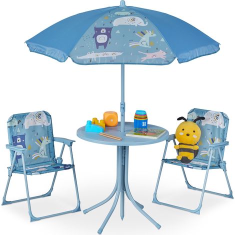 Relaxdays Camping Kindersitzgruppe, Motiv Tiere, Kindersitzgarnitur mit Sonnenschirm, Klappstühlen & Tisch, Garten, blau