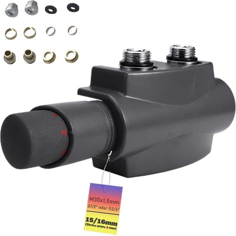 Multiblock Set mit Thermostat, Eck und Durchgangsform Hahnblock für Heizkörper Badheizkörper Anschlussarmatur Mittelanschluss Heizkörperventil Ventil-Armaturen Messing, G1/2" G3/4", 15/16mm, Anthrazit (1/5)