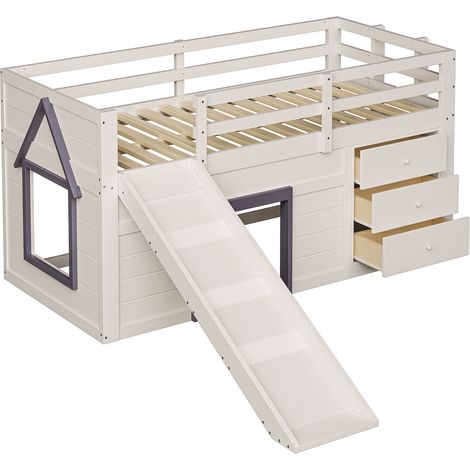 Lit mezzanine bas 90 x 200 avec toboggan, trois tiroirs et deux portes, crème (1/5)