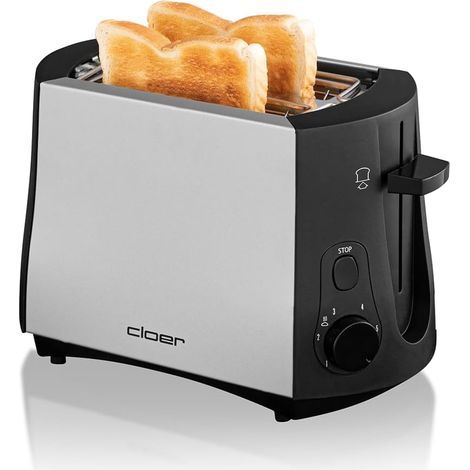 Cloer 3410 Grille-Pain pour 2 tranches de toast, support pour petits pains intégré, Élevateur de tranches de pain, Tiroir à miette, 825 W, Boîtier métallique laqué argent (1/5)