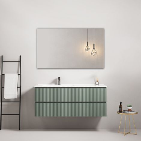 Mobile bagno sospeso cannettato 120 cm Verde Salvia Lavabo a Sinistra in Ceramica Specchio Quadro - Fiji Paint (1/4)