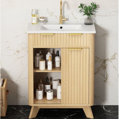 Mueble de baño con lavabo de 61 cm, 3 cajones, puerta corredera, madera natural DESVIAE (1/5)