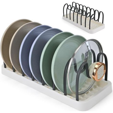 Organisateur de tiroir pour casseroles et poêles, support réglable pour couvercles de casseroles, organisateur universel pour couvercles de casseroles, gain de place dans les placards, noir. (1/4)