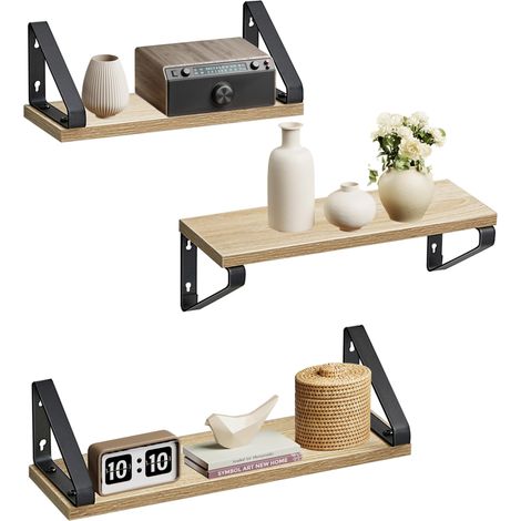 Étagère Murale, Tablette Flottante, Lot de 3, 2 Façons de Montage, 30/35/40 cm, pour Salon, Cuisine, Bureau, Salle de Bain, Couleur Chêne et Noir Mat (1/5)