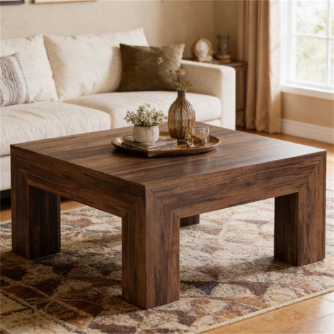 Table basse carrée en bois avec pieds robustes, idéale pour le salon, le canapé ou la chambre, mobilier compact. (1/5)
