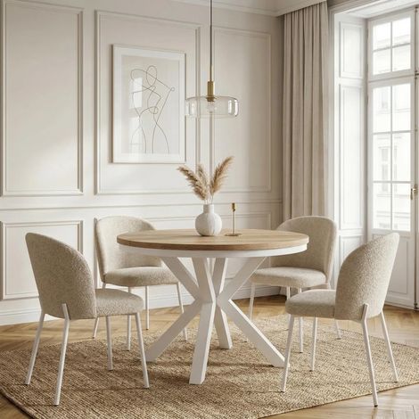 Table à manger ronde extensible RAL avec cerclage métallique, style loft, industriel, diamètre : 90 / 140 cm, couleur :sobre / noir