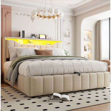 Letto matrimoniale contenitore 180x200 cm con sistema idraulico, LED, USB e USB-C, beige HAVRYA (1/5)