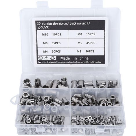 Kit assortimento di dadi a rivetto in acciaio inox, 205 pezzi, misure da M3 a M10, con custodia trasparente (1/5)