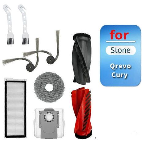 Accessoires compatibles avec l'aspirateur robot Roborock QrevoCury : brosse principale, brosses latérales, sac à poussière et kit de rechange pour brosses.