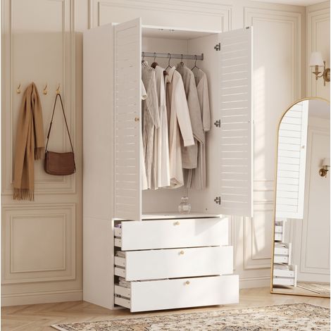 Armadio bianco 90 x 50 x 200 cm con ante a persiana, appendiabiti e 3 cassetti (1/5)