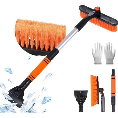 Raspador de hielo para coche con cepillo, cepillo eficiente para nieve para coche, raspador de hielo para coche con guante [telescópico], cepillos grandes de cerdas rígidas y mango ergonómico de espum