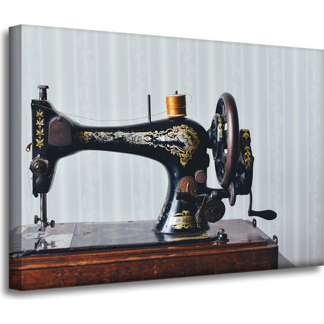 Lienzo impreso con máquina de coser vintage, 70x50 cm, aguja de sastre e hilo.