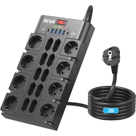 Multiprise, Multiprise Noir 3680W/16A Prise Electrique 4 USB-A +2 USB-C, Prise Multiple avec Terre, Câble 2M (1/5)