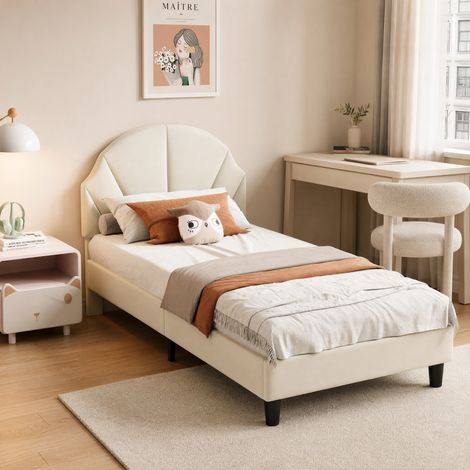 Lit simple rembourré 90x200 cm, lit enfant avec tête de lit réglable et sommier à lattes en bois, tissu en velours, Beige (1/5)