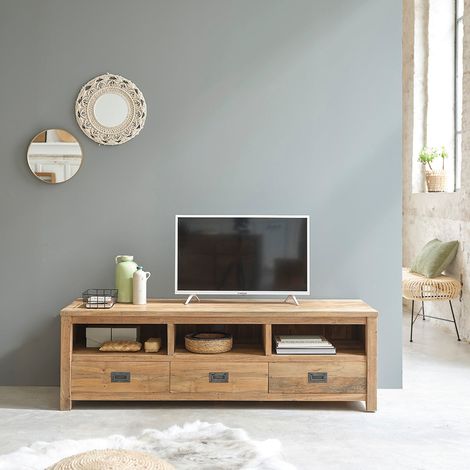 Berah Getah – Meuble TV en teck recyclé massif 160 cm – 3 tiroirs et 3 niches – Bois naturel – Livré monté – Éco-responsable (1/4)
