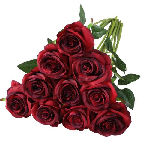 Artificiel Soie Rose Fleurs Tige Unique Une Fausse Rose Réaliste pour Le Bouquet de Mariage Arrangements Floraux Décoration, 10pcs (Gradient Rouge foncé) (1/5)