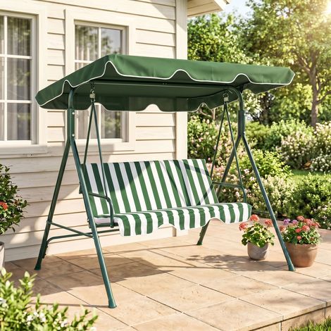 Altalena da giardino a 3 posti con cuscino, tettuccio regolabile e struttura in acciaio, 172x110x153 cm, a righe verdi e bianche (1/5)