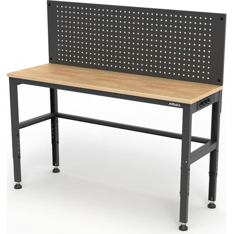 Banco de trabajo con panel perforado, altura ajustable y enchufes AC y USB, 1600 x 510 mm (1/5)