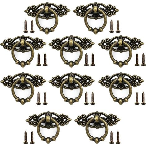 10 tiradores vintage, tiradores clásicos para armarios y cajones retro, con 20 tornillos, estilo europeo, para armarios, cajones, cómodas y muebles retro (bronce). (1/5)